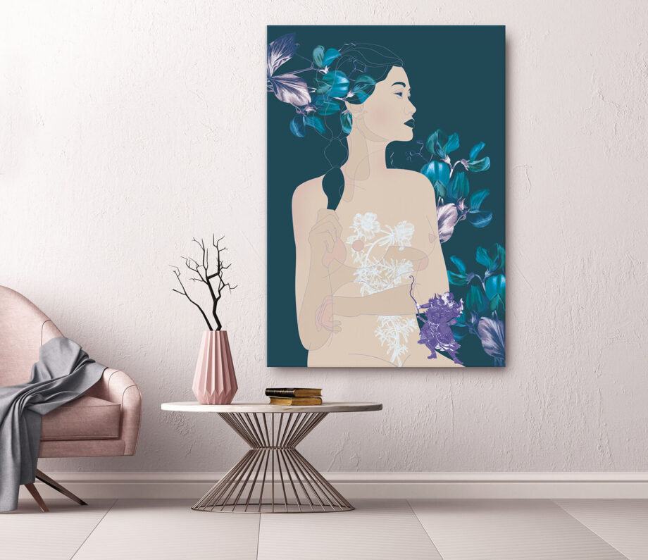 1 stampa fine art su tela cotone ritratto fondo blu petrolio e fiori