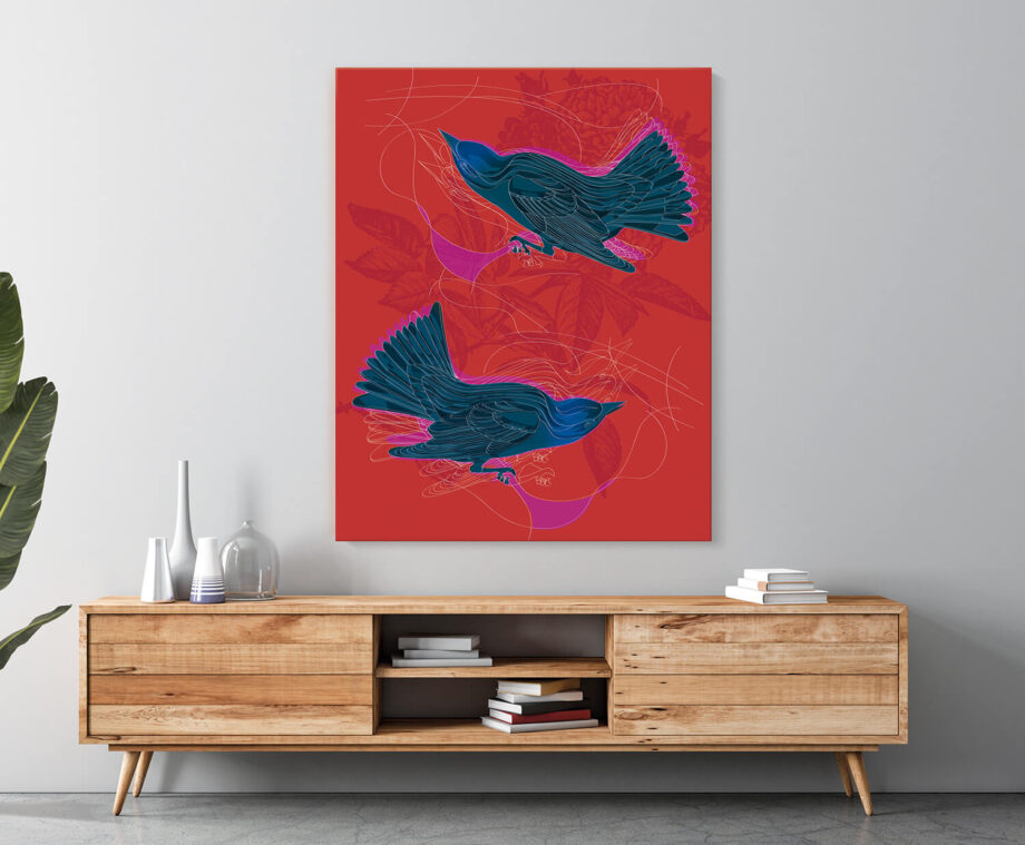 Stampa fine art su tela cotone uccelli blu fondo rosso