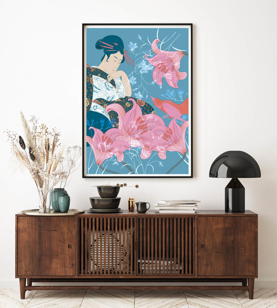 stampa giclée fiori rosa giapponesi wall decor